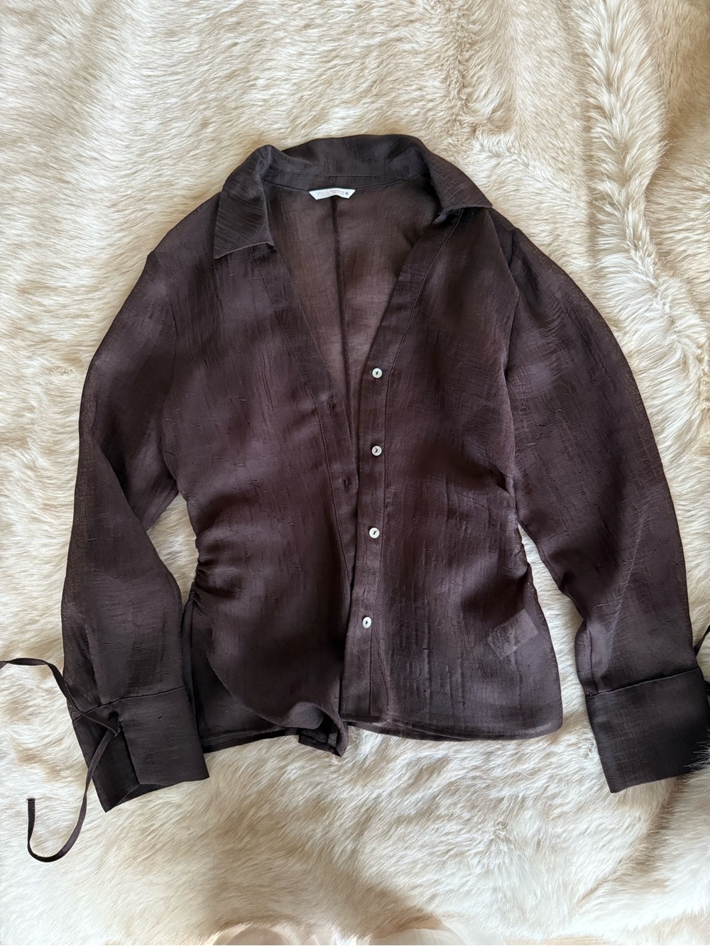Zara Sheer Button-Front Blouse in Dark Brown - Picture 4 of 5